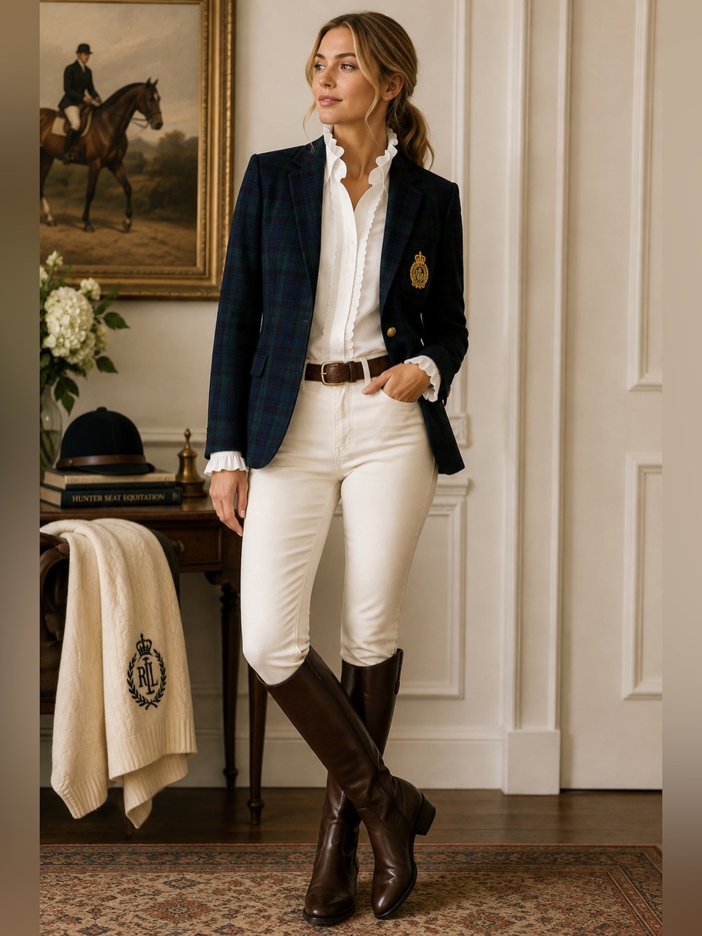 Lauren Ralph Lauren Wool Cashmere Plaid Crest Classic Equestrian Blazer Size 12